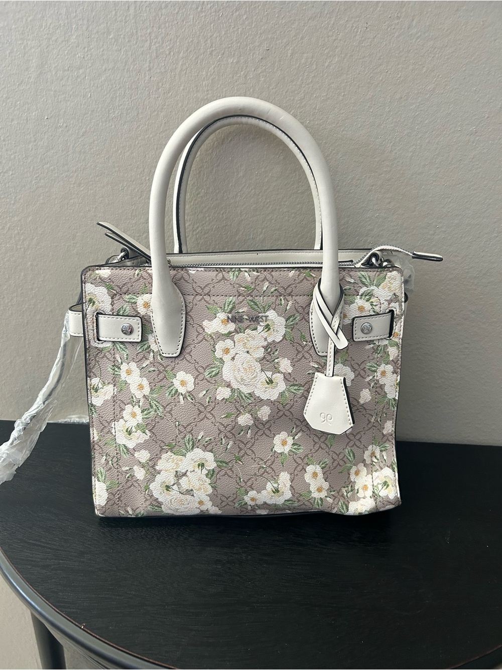 Nine West Taupe Floral Satchel with White Trim